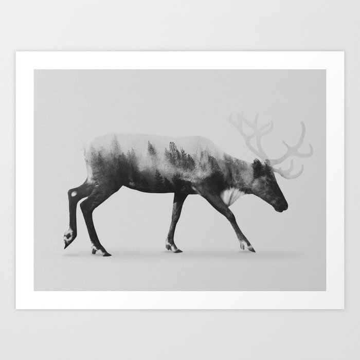 Reindeer black white version art print Reindeer black white version art print
