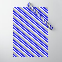 [ Thumbnail: Blue, White, and Dark Grey Colored Lined/Striped Pattern Wrapping Paper ]