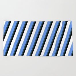 [ Thumbnail: Eyecatching Cornflower Blue, Dark Slate Gray, Black, White, and Light Blue Colored Striped Pattern Beach Towel ]