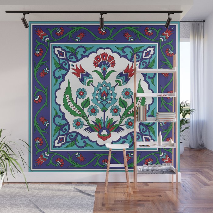 Raised Iznik Blue Floral Pattern 32"x56" Turkish Ceramic Tile MURAL PANEL 