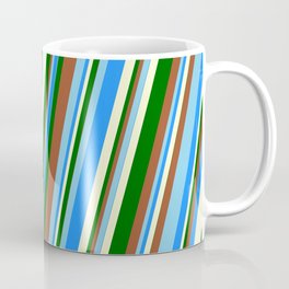 [ Thumbnail: Vibrant Sienna, Sky Blue, Blue, Light Yellow, and Dark Green Colored Striped Pattern Coffee Mug ]
