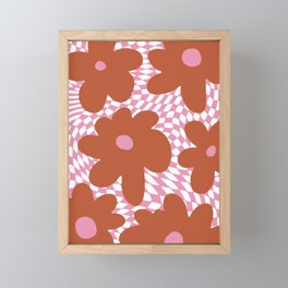  Retro Flowers on Warped Checkerboard \\ MUTED PINK & TERRACOTTA COLOR PALETTE Framed Mini Art Print