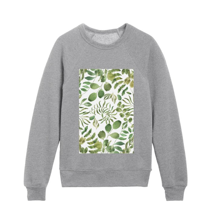 Botanical Forest Green Hand Painted Watercolor Leaves Kids Crewneck