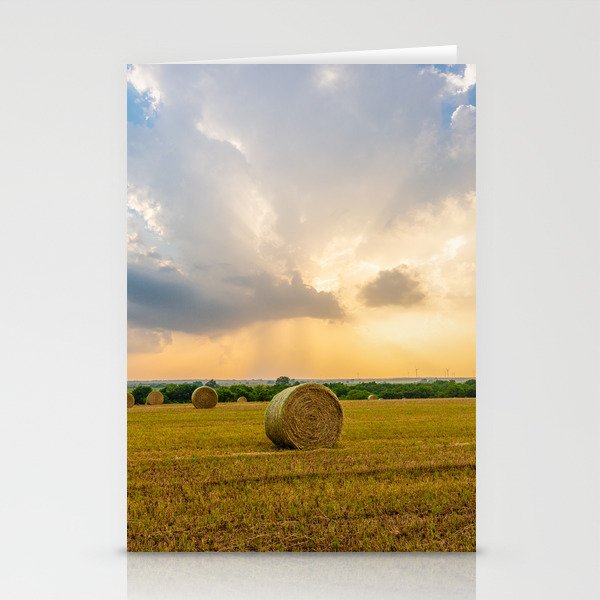 The Best of Times - Round Hay Bales Under a Stormy Sky Filled with Golden Sunlight in Oklahoma Stationery Cards