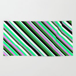 [ Thumbnail: Green, Violet, Forest Green, Black, and White Colored Stripes Pattern Beach Towel ]