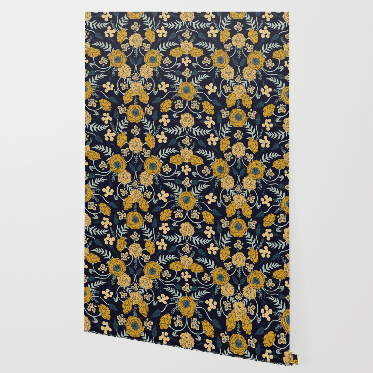 Navy Blue Turquoise Cream Mustard Yellow Dark Floral Pattern