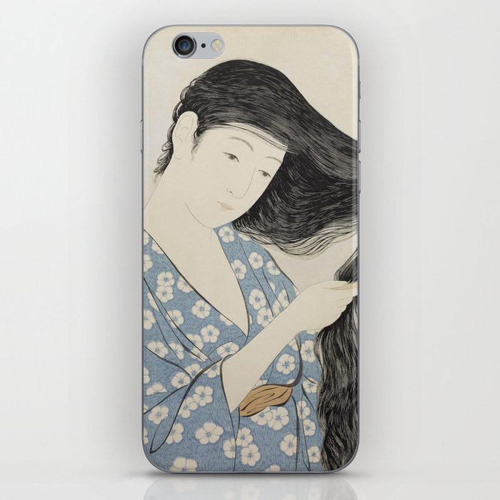 Hashiguchi Goyo: Woman Combing Her Hair Japanese Woodblock Print Blue Floral Kimono Black Hair iPhone Skin