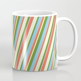 [ Thumbnail: Red, Beige, Green, and Sky Blue Colored Stripes Pattern Coffee Mug ]