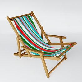 [ Thumbnail: Sky Blue, Red, Dark Turquoise, White, and Dark Green Colored Striped Pattern Sling Chair ]
