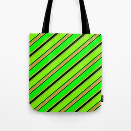 [ Thumbnail: Lime, Coral, Green, and Black Colored Lined Pattern Tote Bag ]