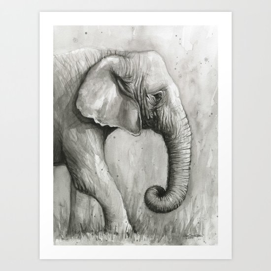Elephant Black and White Watercolor Animals Art Print