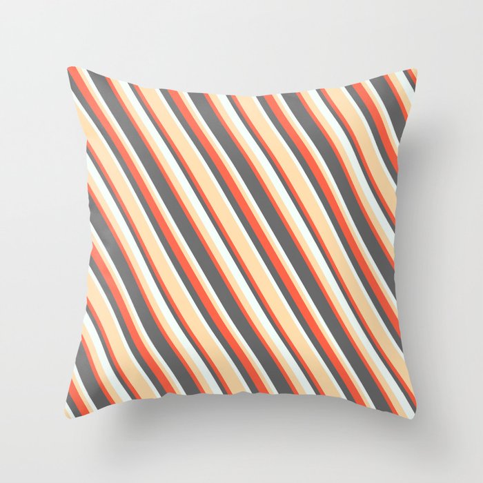 Tan, Red, Dim Gray & Mint Cream Colored Stripes/Lines Pattern Throw Pillow