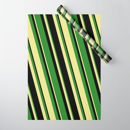 [ Thumbnail: Black, Forest Green, and Tan Colored Stripes Pattern Wrapping Paper ]