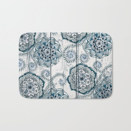 Navy Blue Floral Doodles on Wood Bath Mat
