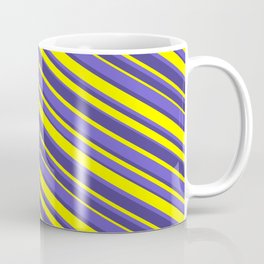 [ Thumbnail: Yellow, Slate Blue, and Dark Slate Blue Colored Lined/Striped Pattern Coffee Mug ]