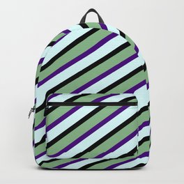 [ Thumbnail: Dark Sea Green, Indigo, Light Cyan, and Black Colored Striped Pattern Backpack ]