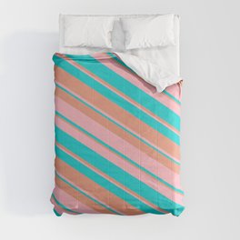 [ Thumbnail: Dark Salmon, Light Pink & Dark Turquoise Colored Stripes Pattern Comforter ]