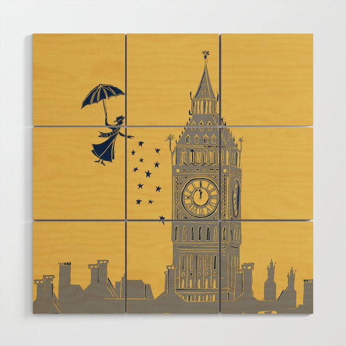 Mary Poppins and Big Ben in Mustard Yellow and Grey Wood Wall Art