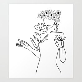 Minimal Line Art Woman with flowers Art Print