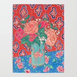 Roses in Enamel Flamingo Vase Poster | Pattern, Flower, Flamingo, Painting, Blossom, Bloom, Pink, Rose, Mexican, Cathkidston 