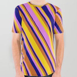 [ Thumbnail: Chocolate, Yellow, Violet, and Blue Colored Lined/Striped Pattern All Over Graphic Tee ]