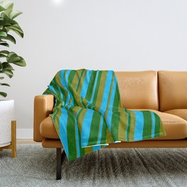 [ Thumbnail: Dark Green, Green, and Deep Sky Blue Colored Lined Pattern Throw Blanket ]