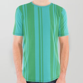 [ Thumbnail: Turquoise and Sea Green Colored Lined Pattern All Over Graphic Tee ]