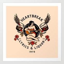 Heartbreak Lyrics & Liquor 1975. Vintage Pinup Girl Playing Guitar V.2 Art Print