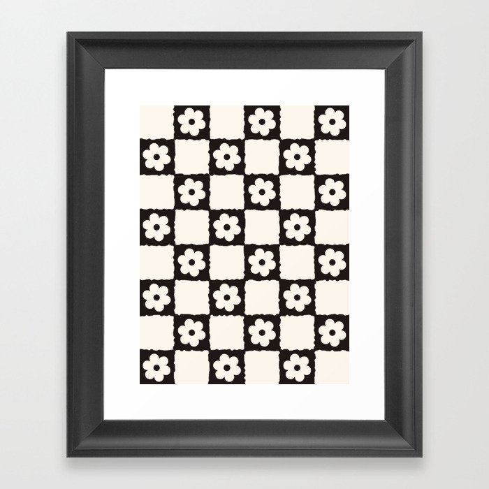 Retro Flower Checker in Black&White Framed Art Print