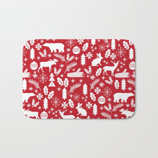 Festive Christmas woodland reindeer moose bear camping red and white minimal pattern for holidays Bath Mat