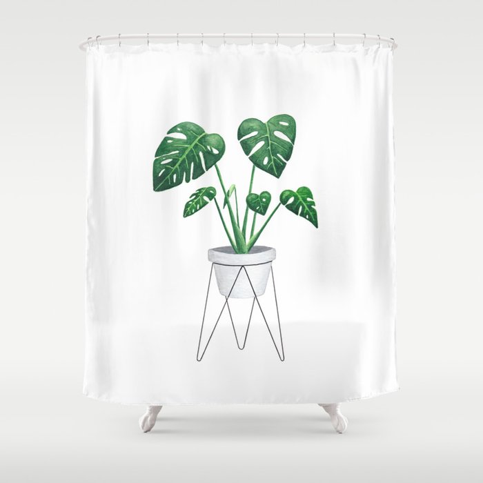 Monstera in designer plant stand with green leaves and foliage Shower Curtain