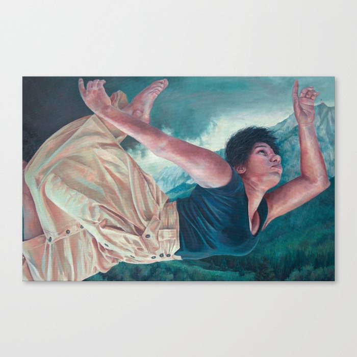 God's Orchestra, oil painting portrait of woman flying, lighthouse, dress, strong powerful woman Canvas Print