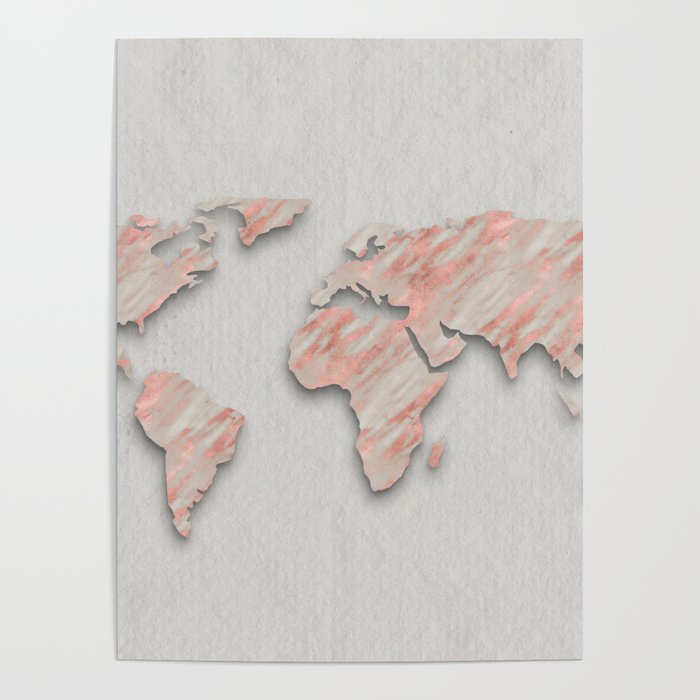 Rose Gold Marble World Map on paper Poster