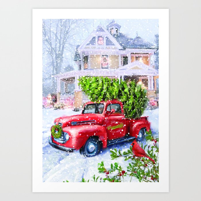 Classic American car in Christmas scene Art Print