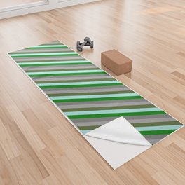 [ Thumbnail: Eye-catching Turquoise, Green, Grey, Dark Grey, and Dark Olive Green Colored Striped Pattern Yoga Towel ]