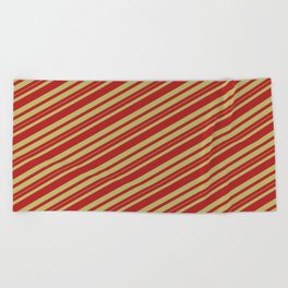 [ Thumbnail: Red and Dark Khaki Colored Stripes Pattern Beach Towel ]