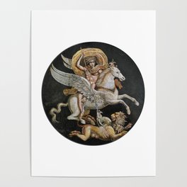 Bellerophon riding Pegasus and slaying the Chimera. Poster