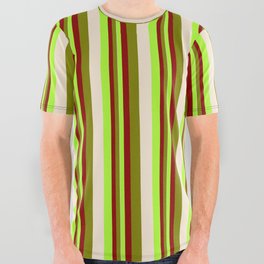 [ Thumbnail: Light Green, Dark Red, Green, and Beige Colored Lines Pattern All Over Graphic Tee ]