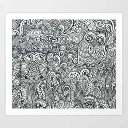 Owlie and Owlia Art Print | Pattern, Ink Pen, Blackandwhite, Lovers, Owl, Doodles, Doodle, Doolingart, Owls, Drawing 