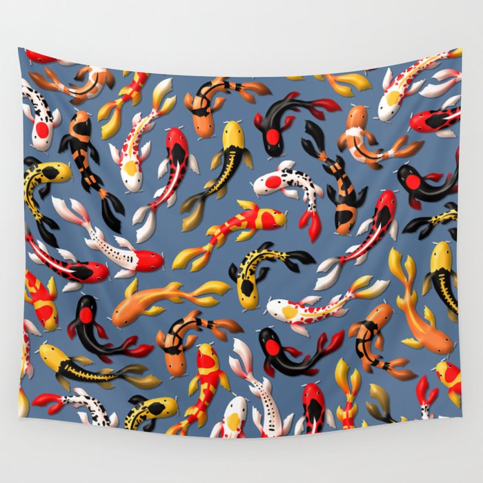 Pattern of colorful Japanese koi fish before simple dark blue background Wall Tapestry