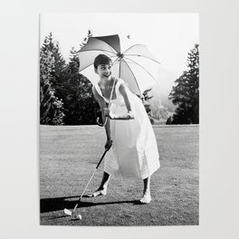 Audrey Hepburn Playing Golf, Black and White Vintage Art Poster