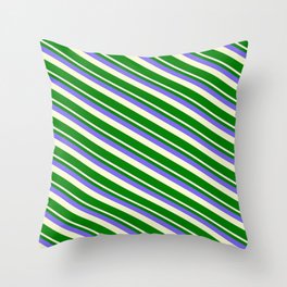 [ Thumbnail: Medium Slate Blue, Light Yellow, and Green Colored Stripes Pattern Throw Pillow ]