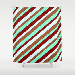 [ Thumbnail: Sienna, Aquamarine, Dark Red, and Light Cyan Colored Striped/Lined Pattern Shower Curtain ]