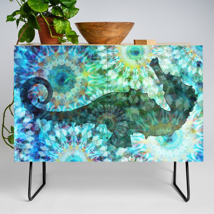 Blue Mandala Seahorse - Beach Fish Art Credenza