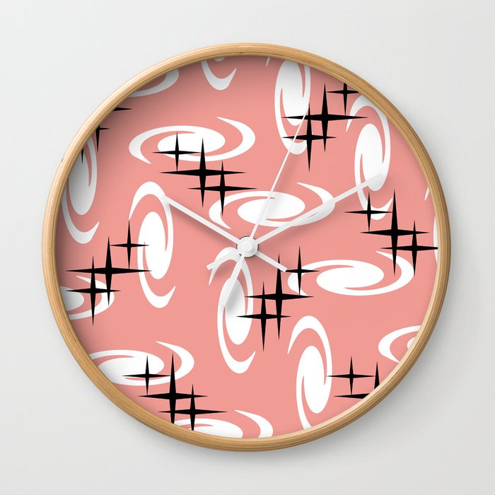 Retro Atomic Age Swirls Stars Pattern Salmon Pink Wall Clock