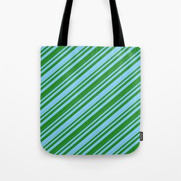 [ Thumbnail: Light Sky Blue and Forest Green Colored Lines/Stripes Pattern Tote Bag ]
