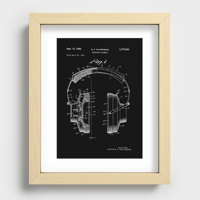 Headphones Patent - White on Black Recessed Framed Print