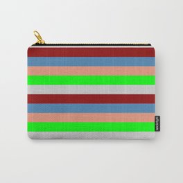 [ Thumbnail: Eye-catching Dark Salmon, Lime, Light Gray, Dark Red, and Blue Colored Lined Pattern Carry-All Pouch ]
