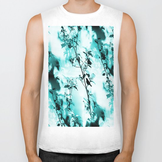 Silhouette of songbird on a branch in turquoise variation Biker Tank
