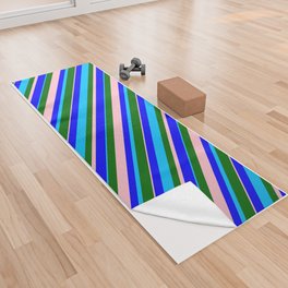 [ Thumbnail: Dark Green, Deep Sky Blue, Blue & Pink Colored Stripes/Lines Pattern Yoga Towel ]